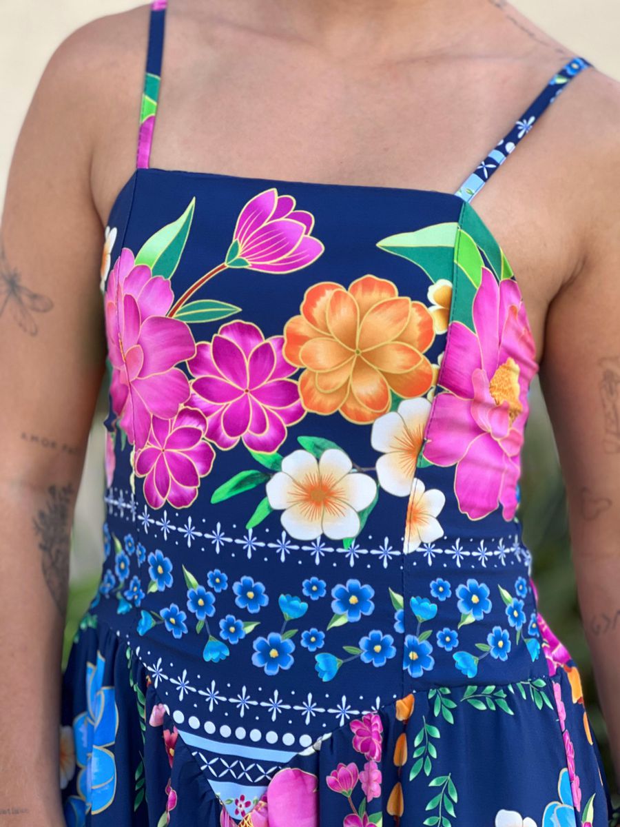 Vestido Midi Moana Estampado Azul Marinho E Rosa