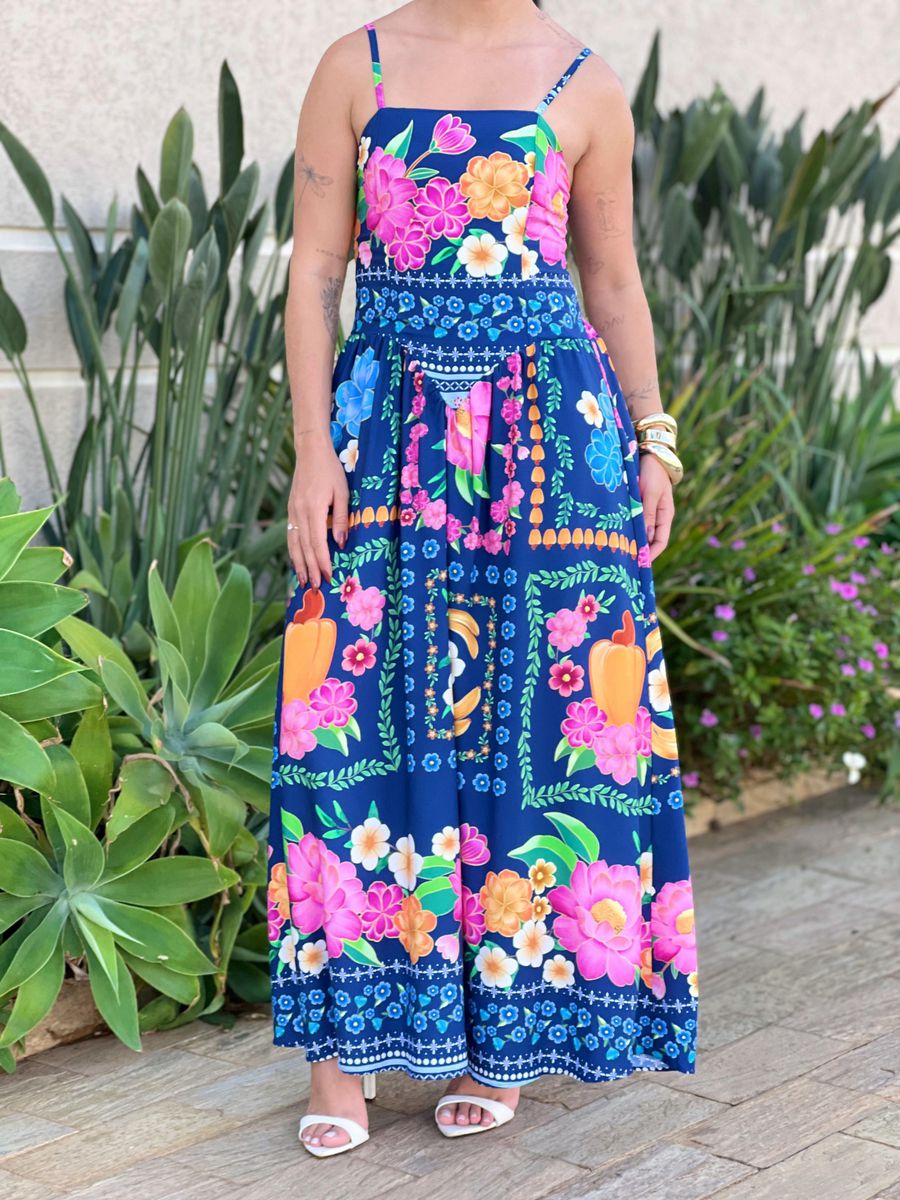 Vestido Midi Moana Estampado Azul Marinho E Rosa