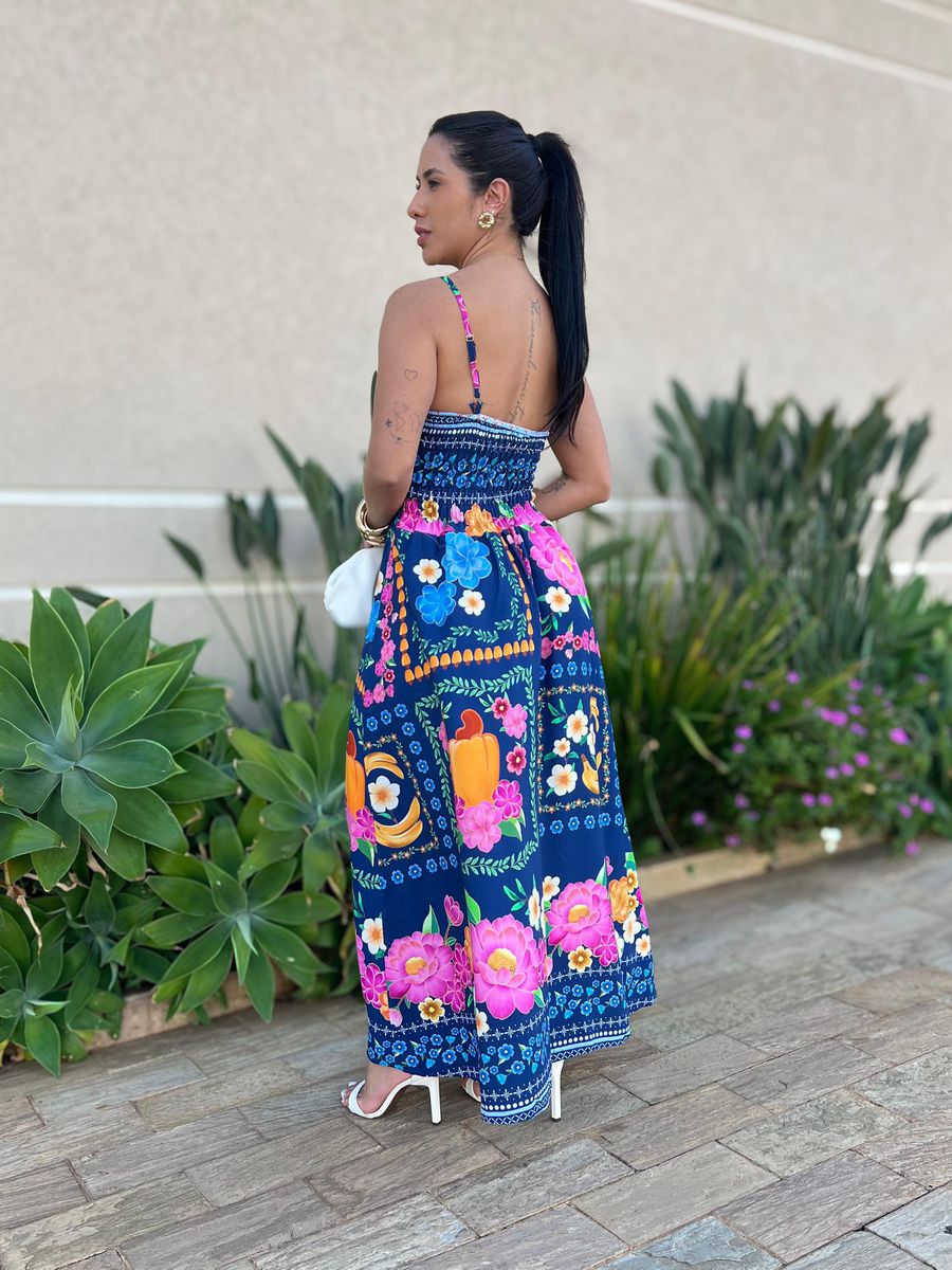 Vestido Midi Moana Estampado Azul Marinho E Rosa