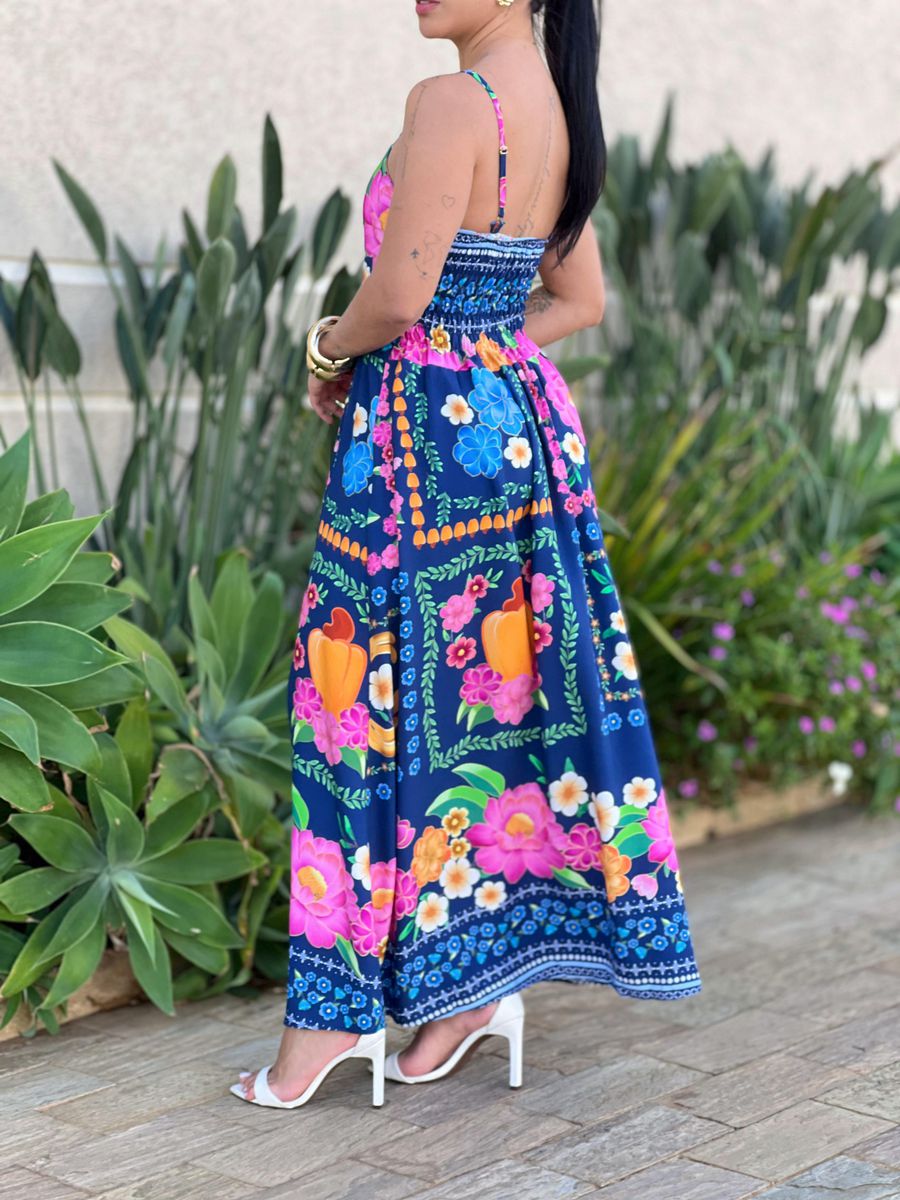 Vestido Midi Moana Estampado Azul Marinho E Rosa