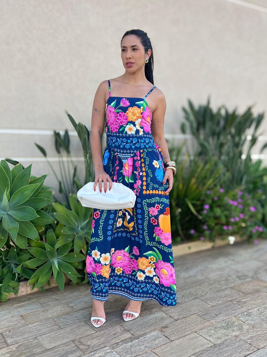 Vestido Midi Moana Estampado Azul Marinho E Rosa