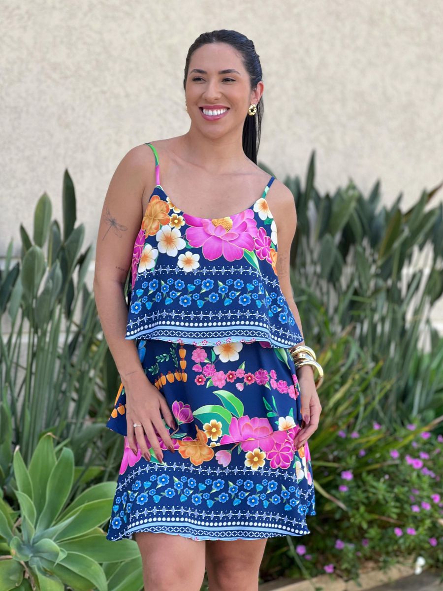 Vestido Curto Giovana Estampado Azul Marinho E Rosa
