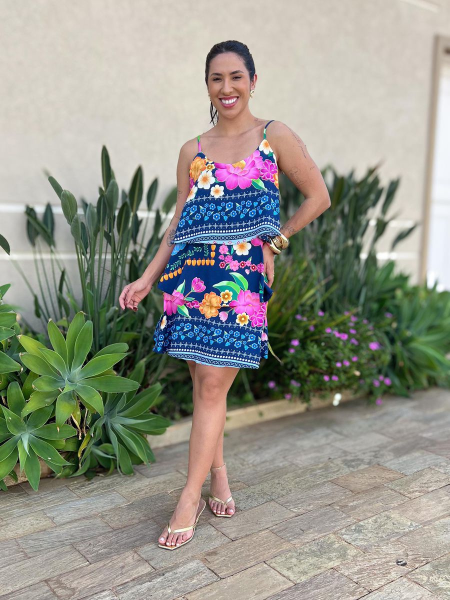 Vestido Curto Giovana Estampado Azul Marinho E Rosa