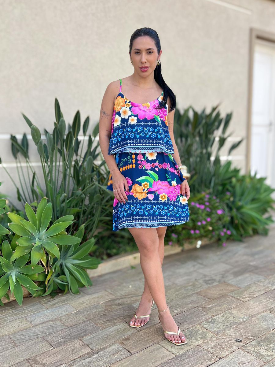 Vestido Curto Giovana Estampado Azul Marinho E Rosa