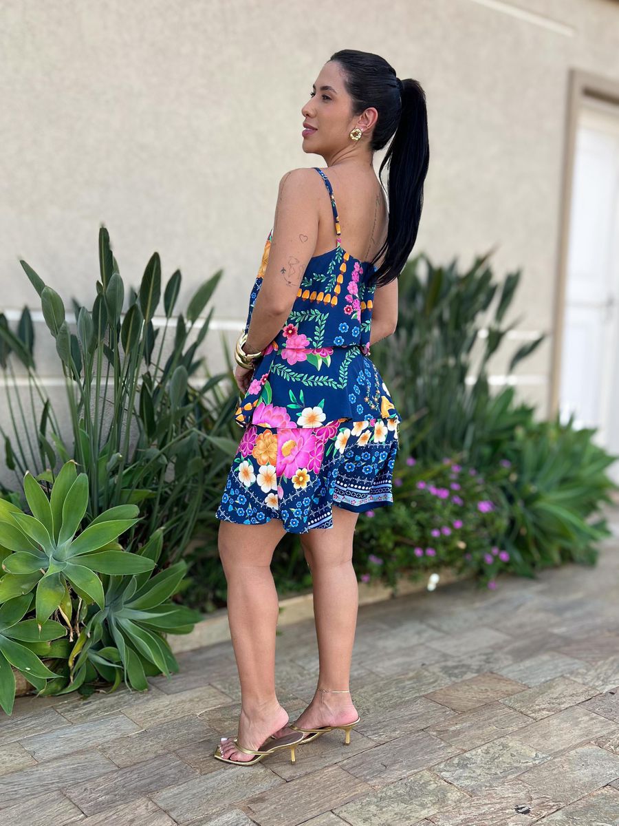 Vestido Curto Giovana Estampado Azul Marinho E Rosa
