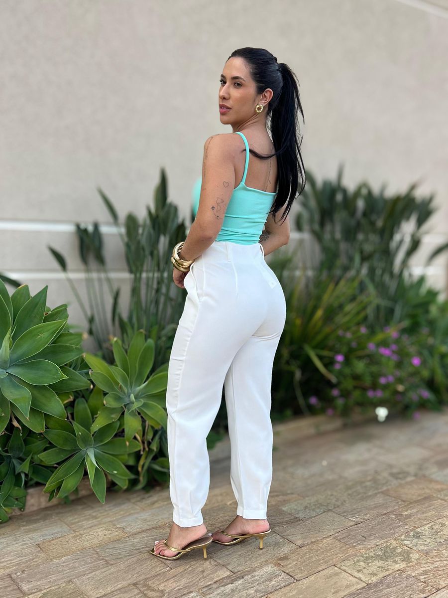 Cropped Alongado Alças Finas Em Poliamida Verde Água