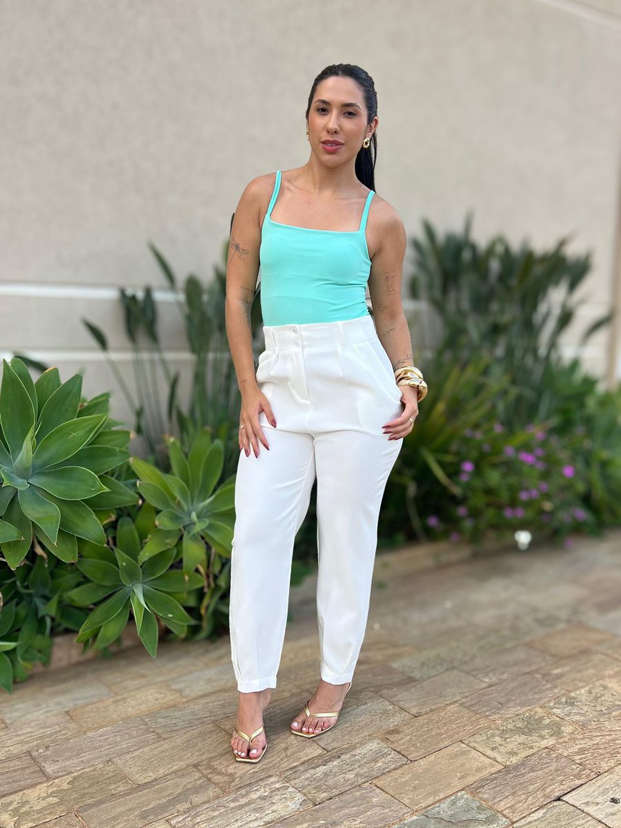 Cropped Alongado Alças Finas Em Poliamida Verde Água