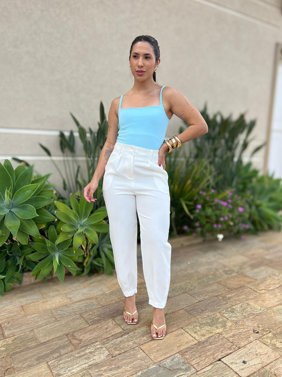 Cropped Alongado Alças Finas Em Poliamida Azul Bebe