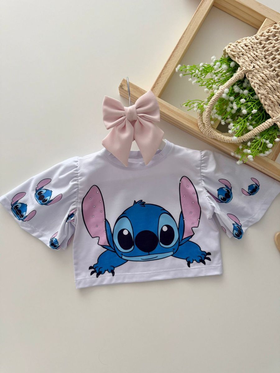 T-shirt Cropped Stitch Branco - Dondokinha Kids