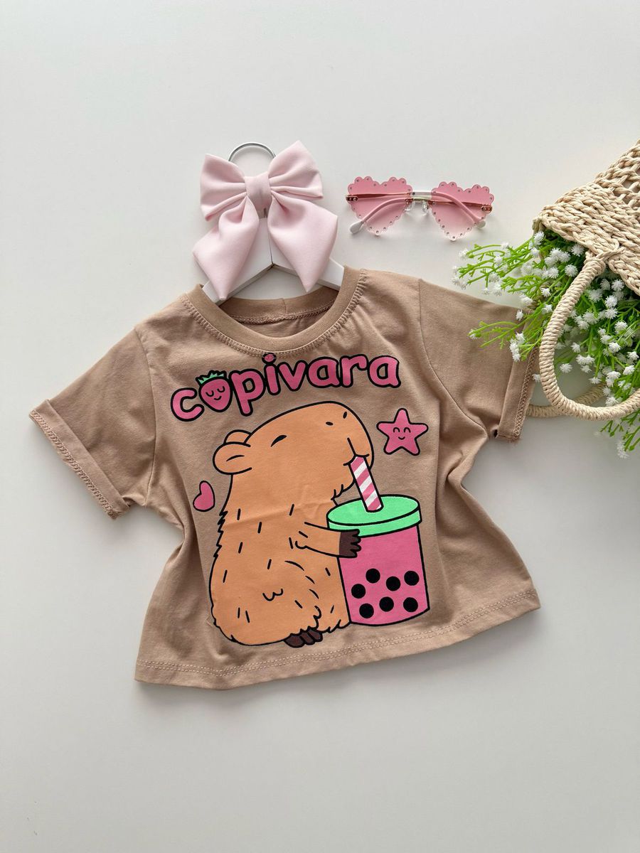 T-shirt Cropped Capivara Cáqui - Dondokinha Kids