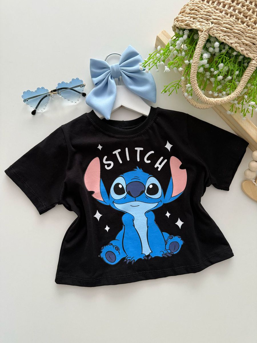 T-shirt Cropped Stitch Preto - Dondokinha Kids