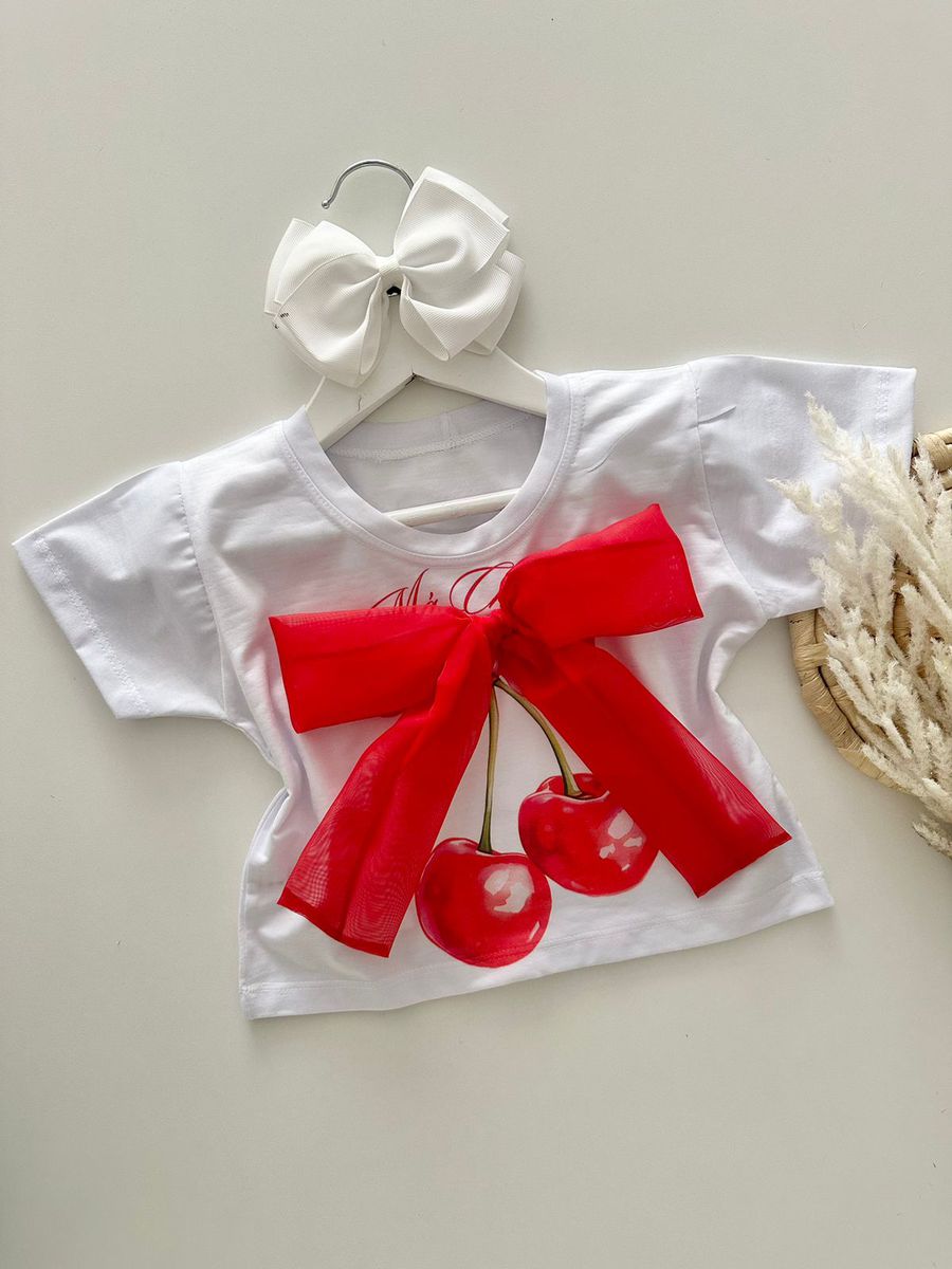 T-shirt Cropped Cereja Laço - Dondokinha Kids