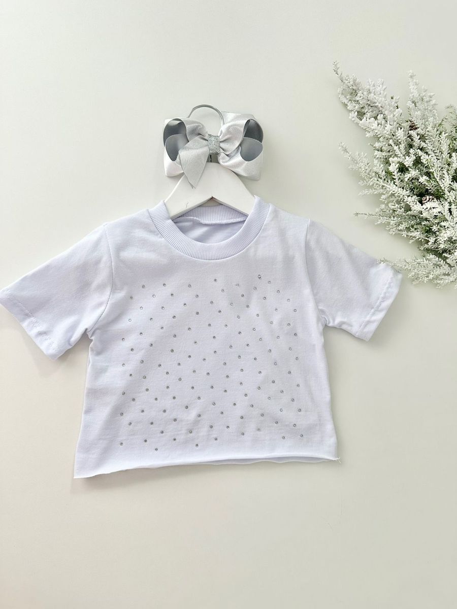 T-Shirt Cropped Stras Branco - Dondokinha Kids