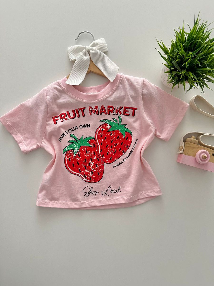 T-shirt Cropped Morango Rosa - Dondokinha Kids