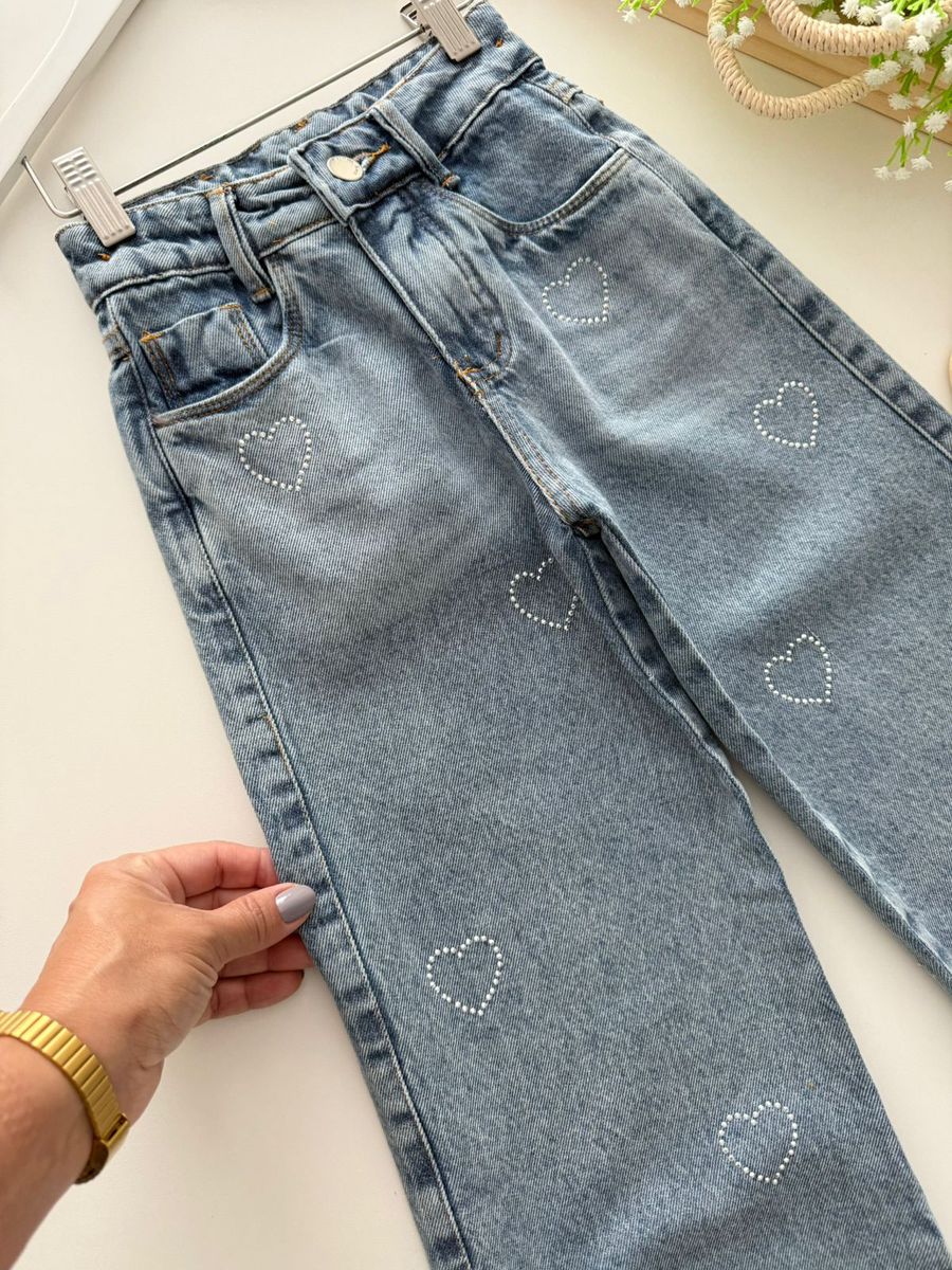 Calça Jeans Wide Leg Coração 