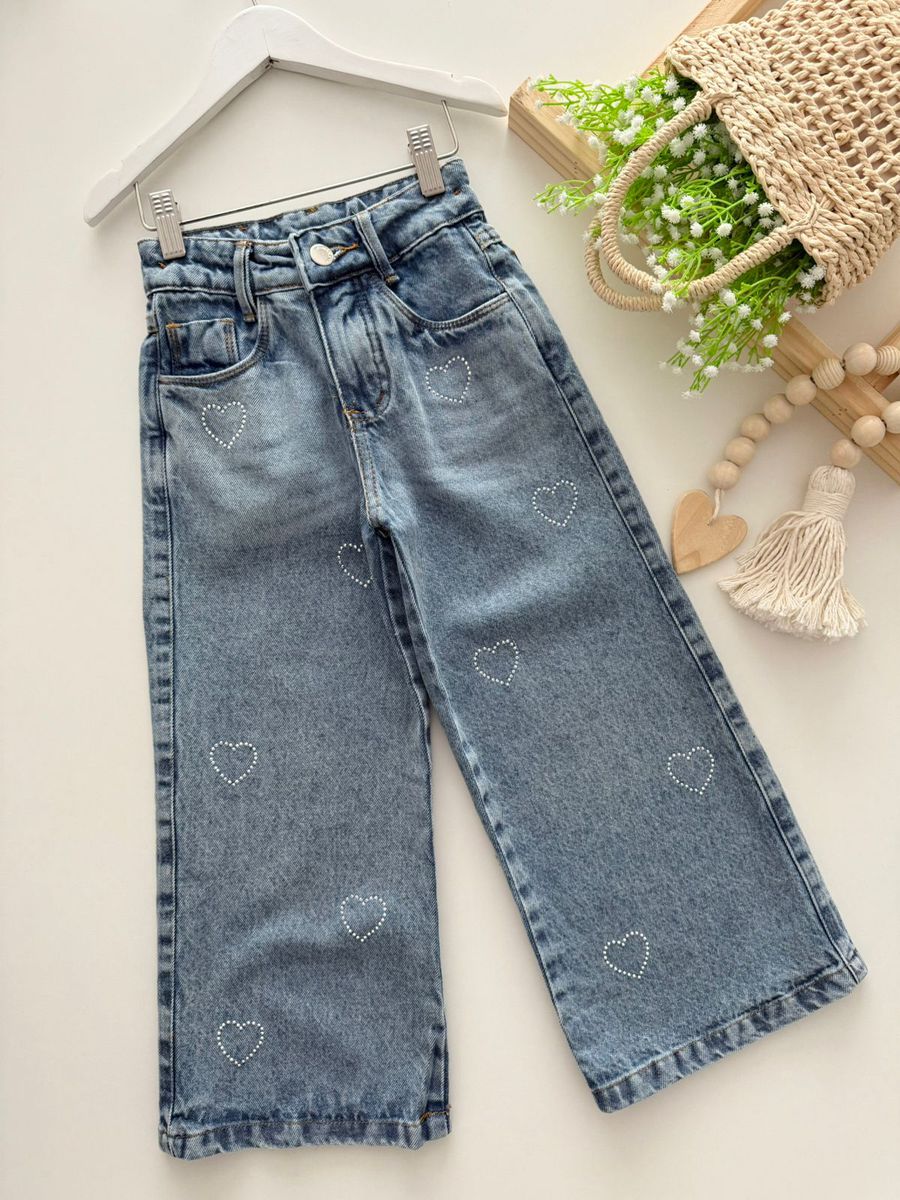 Calça Jeans Wide Leg Coração - Dondokinha Kids