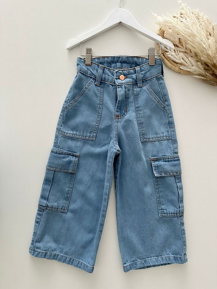 Calça Jeans Wide Leg Cargo - Dondokinha Kids