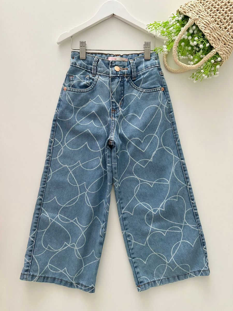 Calça Jeans Wide Leg Corações - Dondokinha Kids