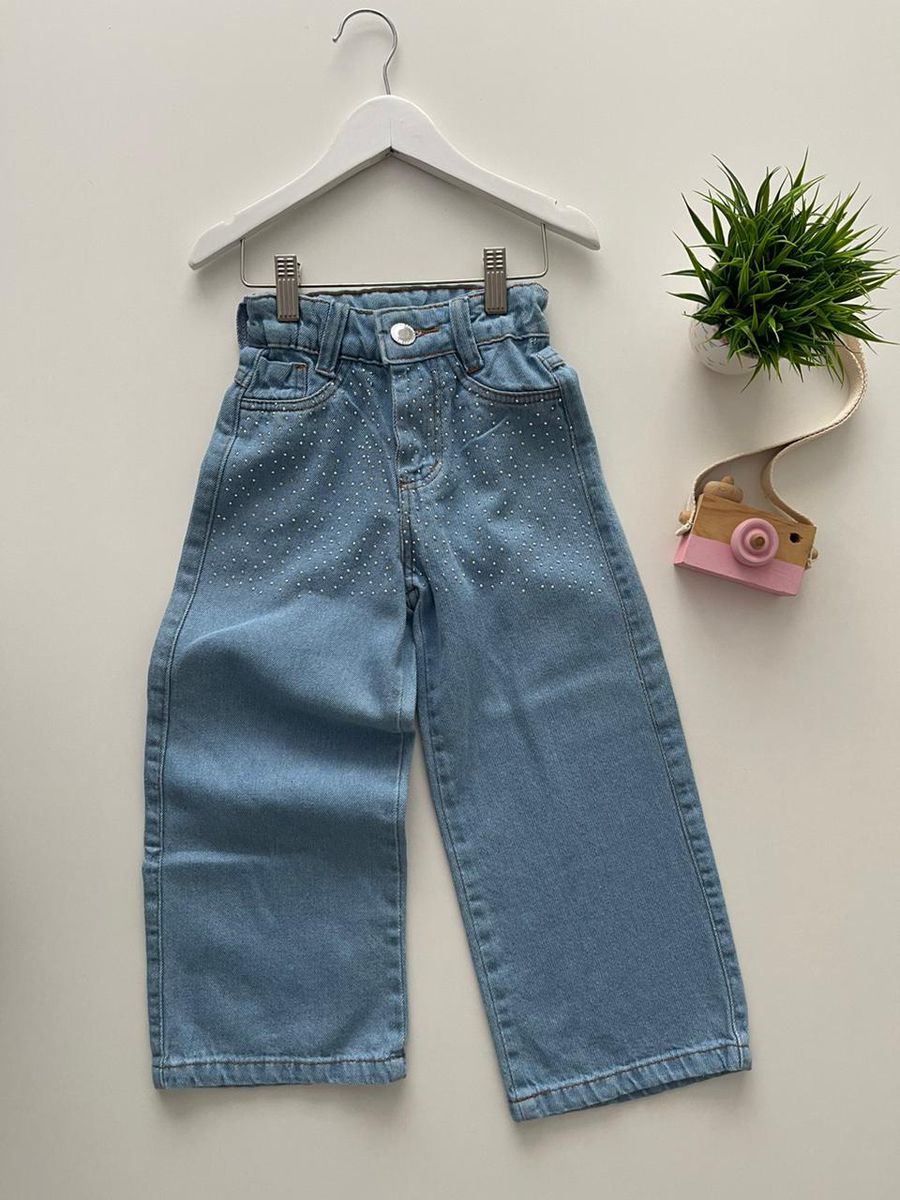 Calça Jeans Wide Leg Strass - Dondokinha Kids