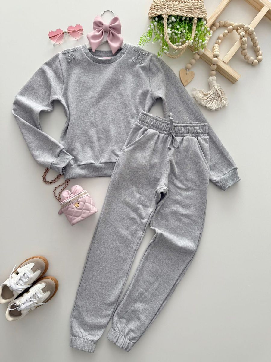Conjunto Moletom Juvenil Laço Cinza - Dondokinha Kids