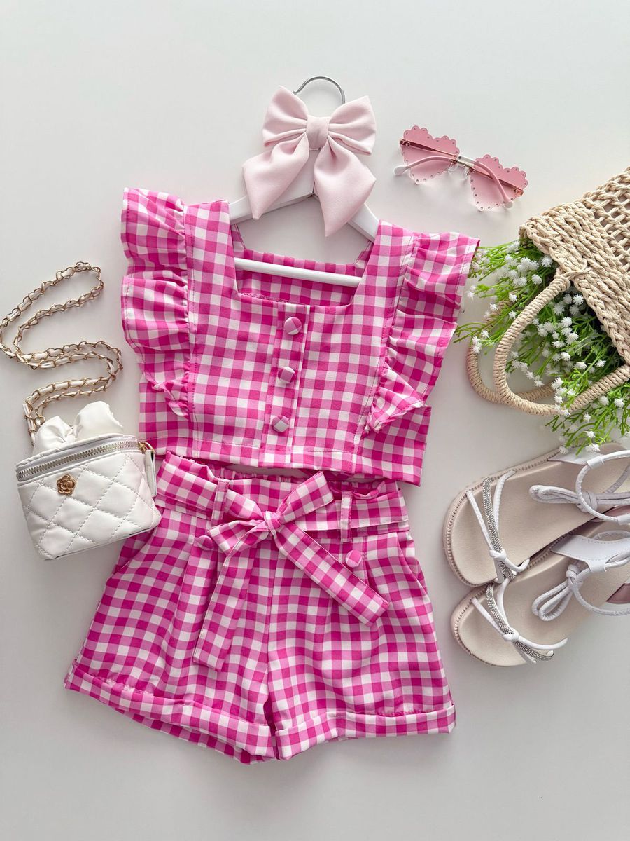 Conjunto Nicole Xadrez Rosa - Dondokinha Kids