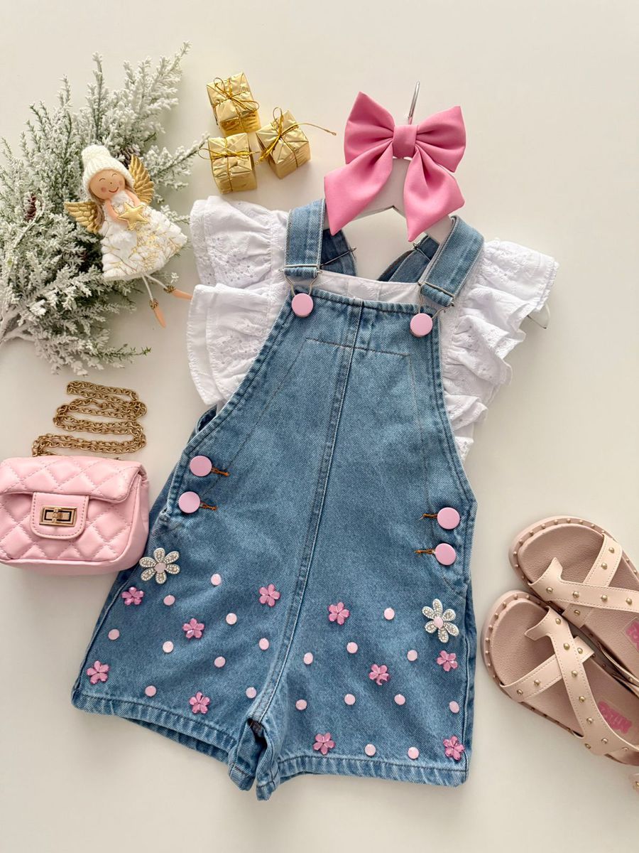 Jardineira Flores Jeans - Dondokinha Kids