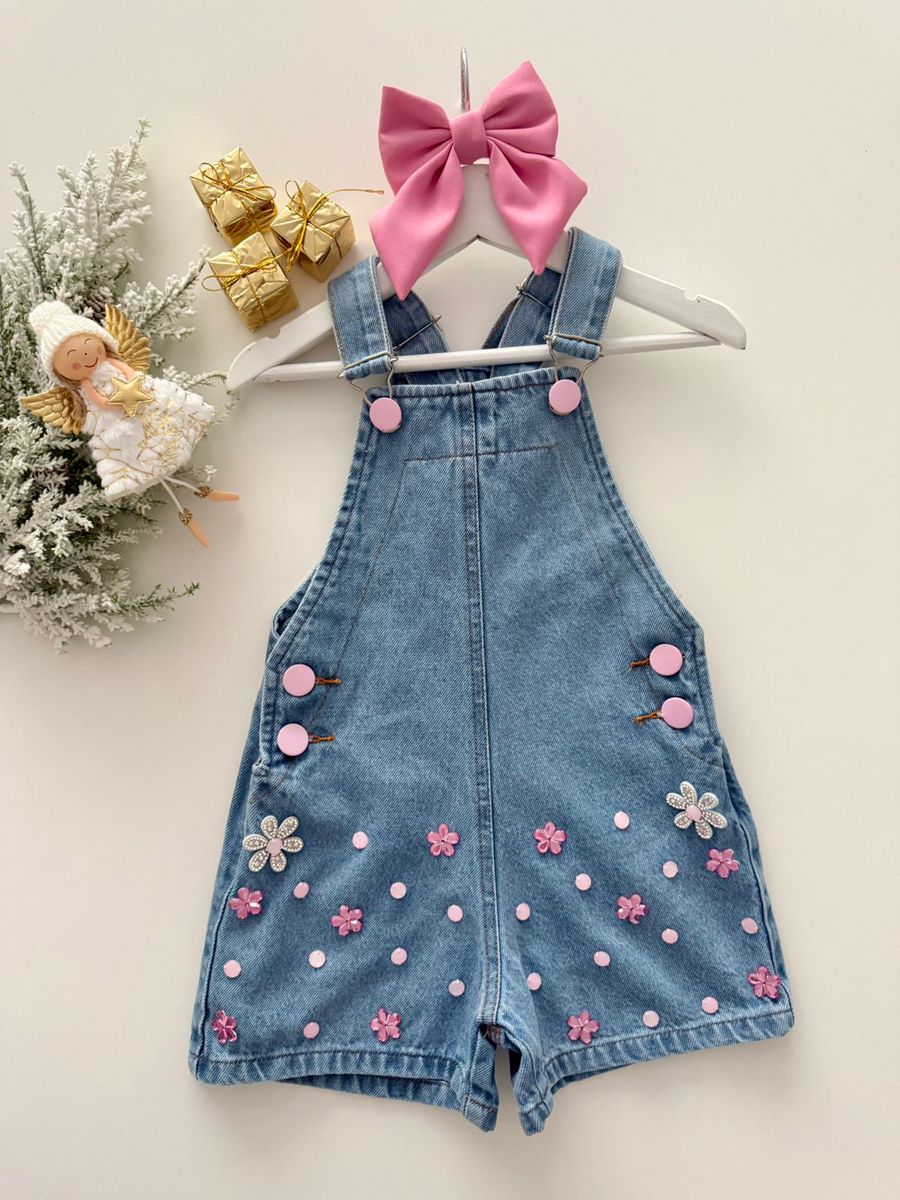 Jardineira Flores Jeans