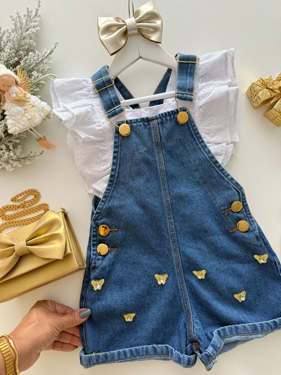 Jardineira Borboleta Jeans