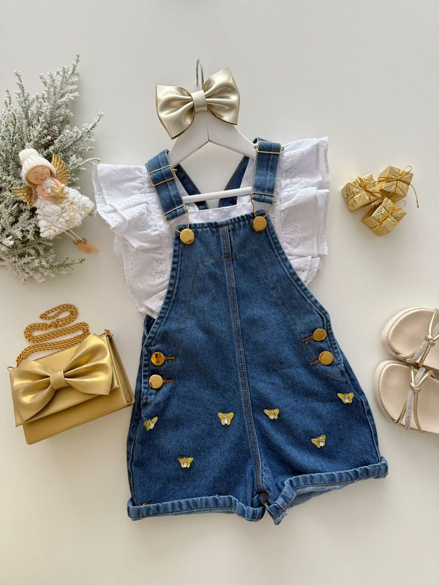 Jardineira Borboleta Jeans - Dondokinha Kids