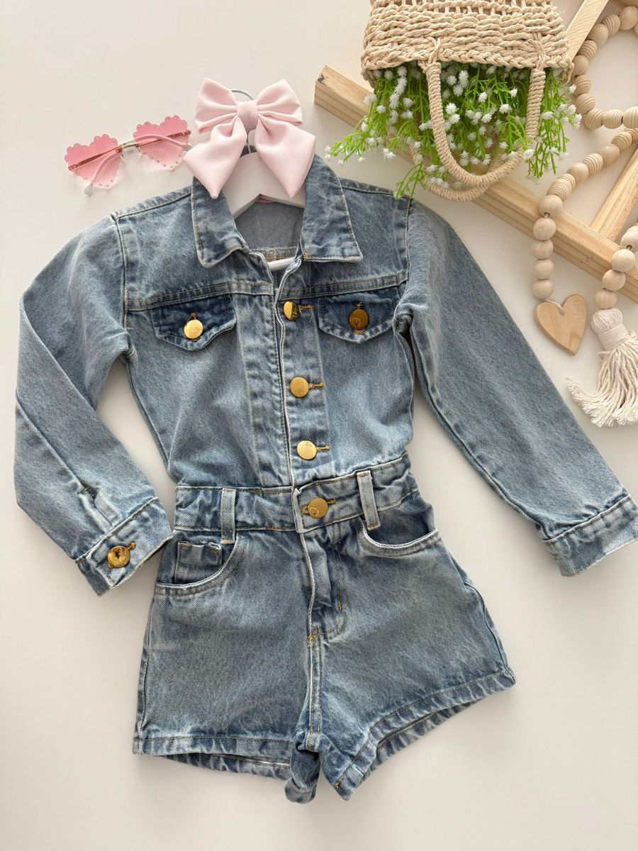 Macaquinho Jeans Manga Longa 