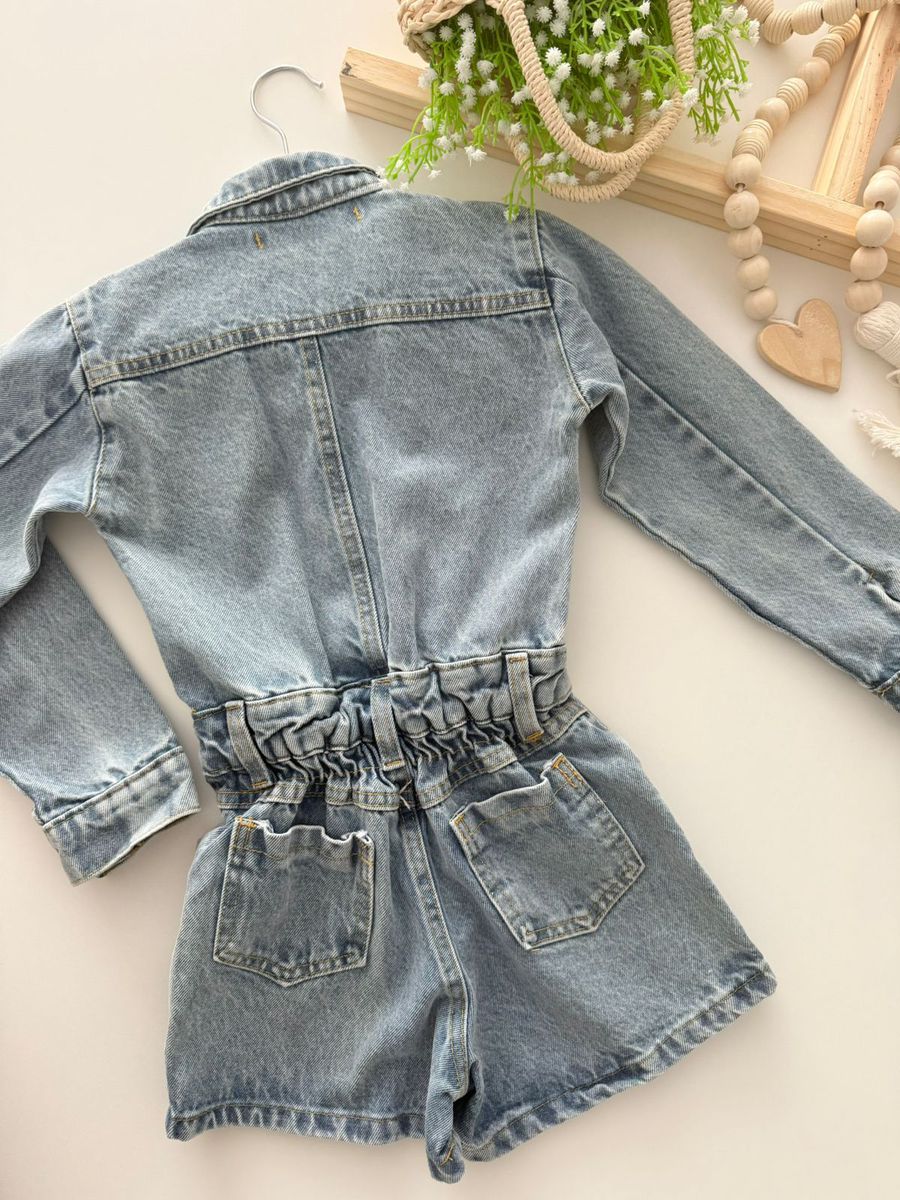 Macaquinho Jeans Manga Longa 