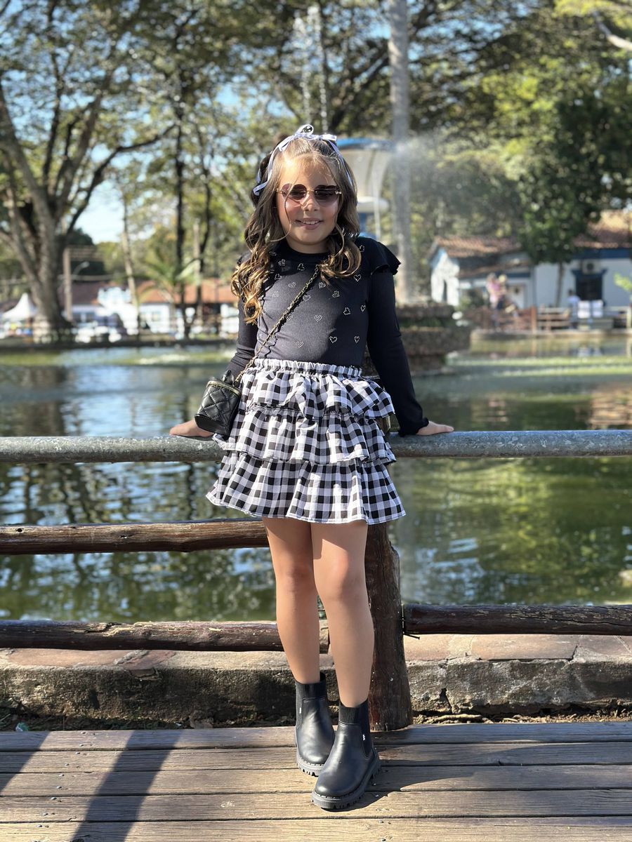 Saia Xadrez Babado Preta 