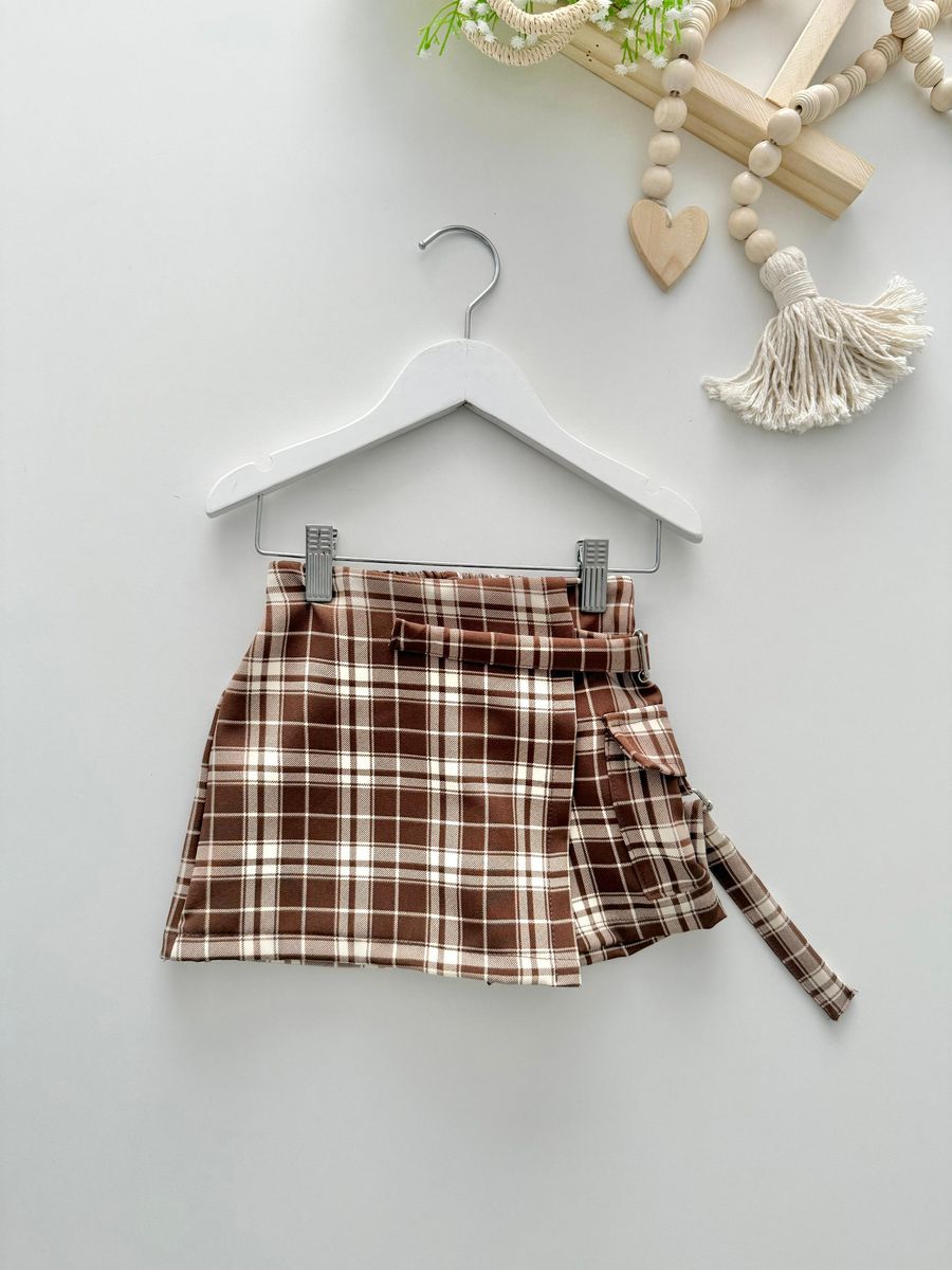 Short Saia Xadrez Marrom - Dondokinha Kids