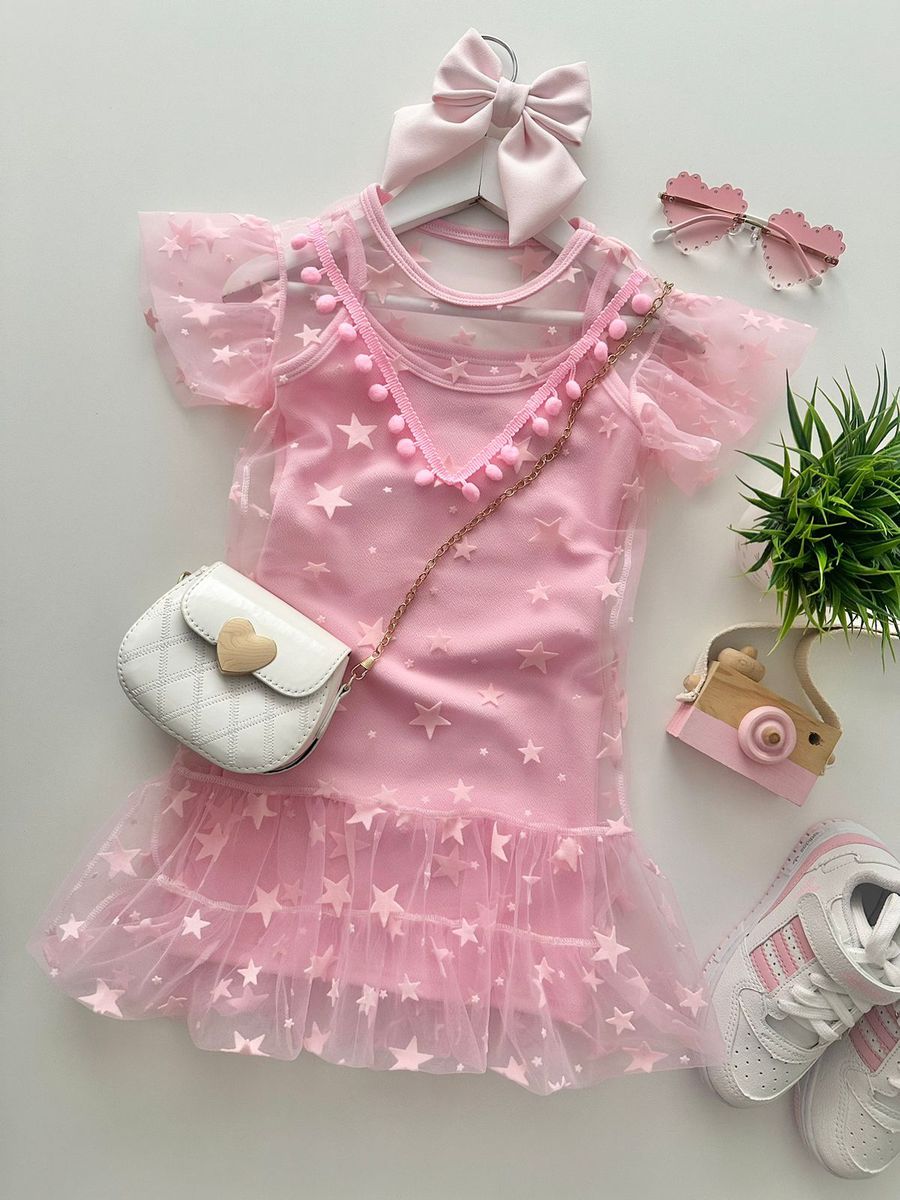 Vestido Tule Estrela Rosa - Dondokinha Kids