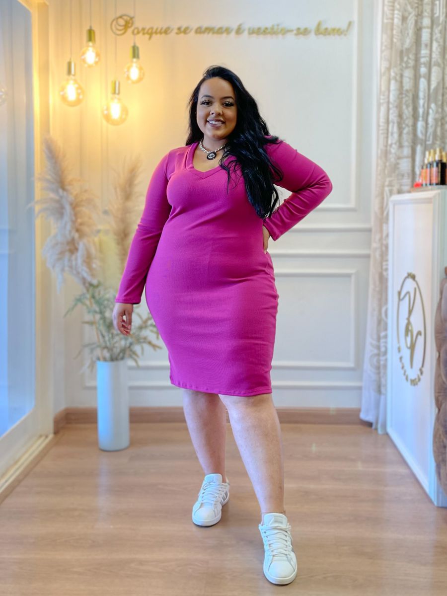 Vestido Tubinho Fúcsia Manga Longa G/GG 