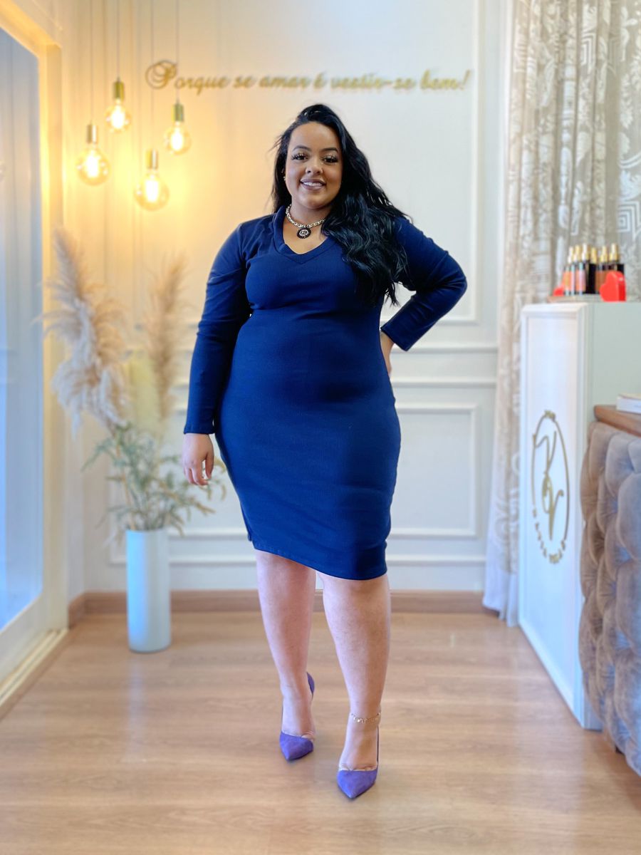 Vestido Tubinho Azul Marinho Manga Longa G/GG 