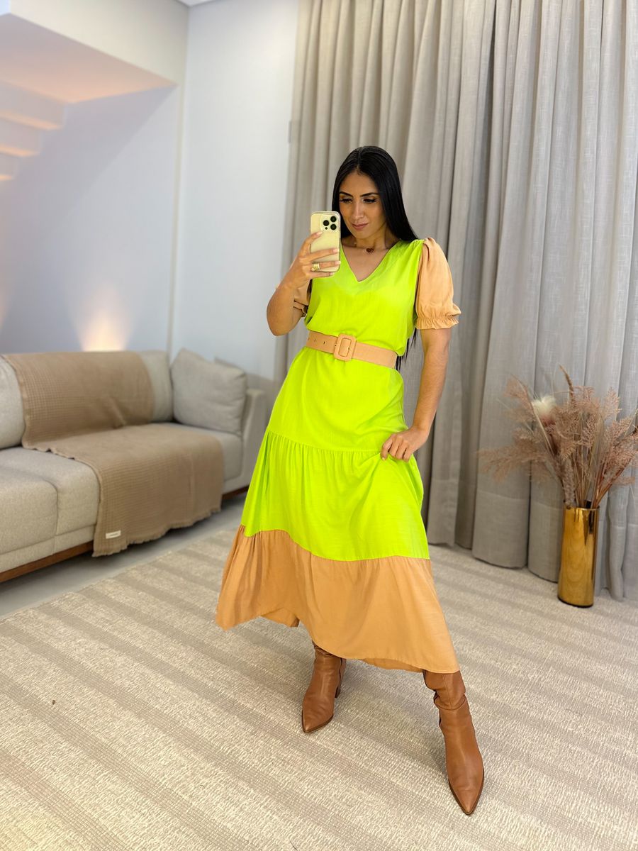 Vestido Joana Verde e Nude 