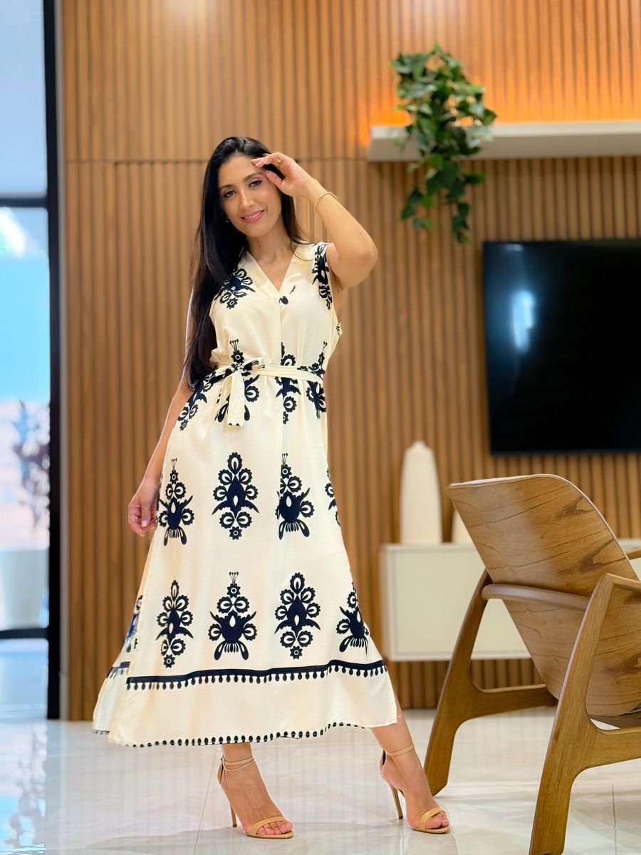 Vestido Emili Creme E Azul Marinho