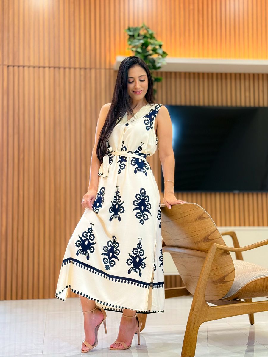Vestido Emili Creme E Azul Marinho