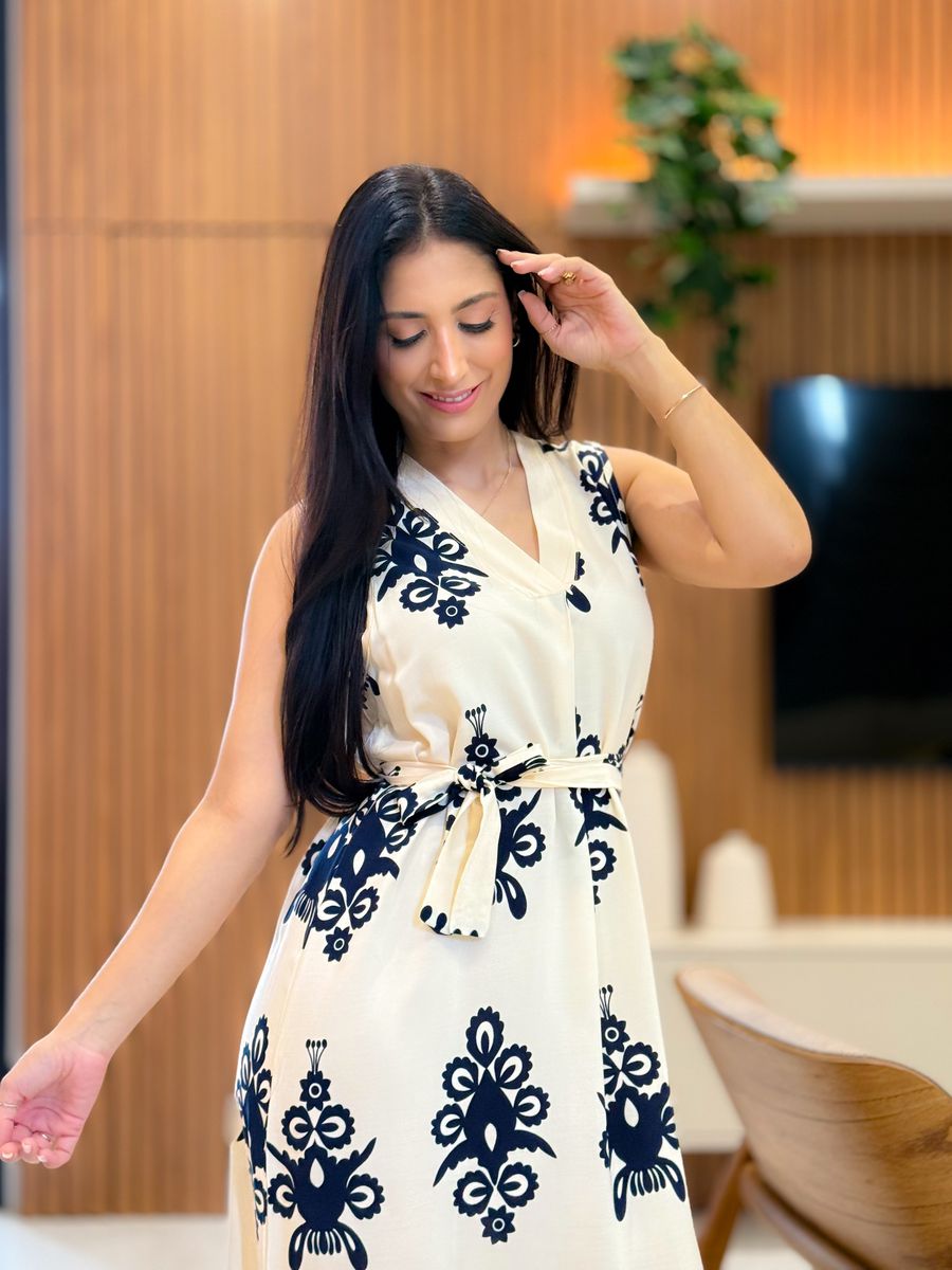 Vestido Emili Creme E Azul Marinho