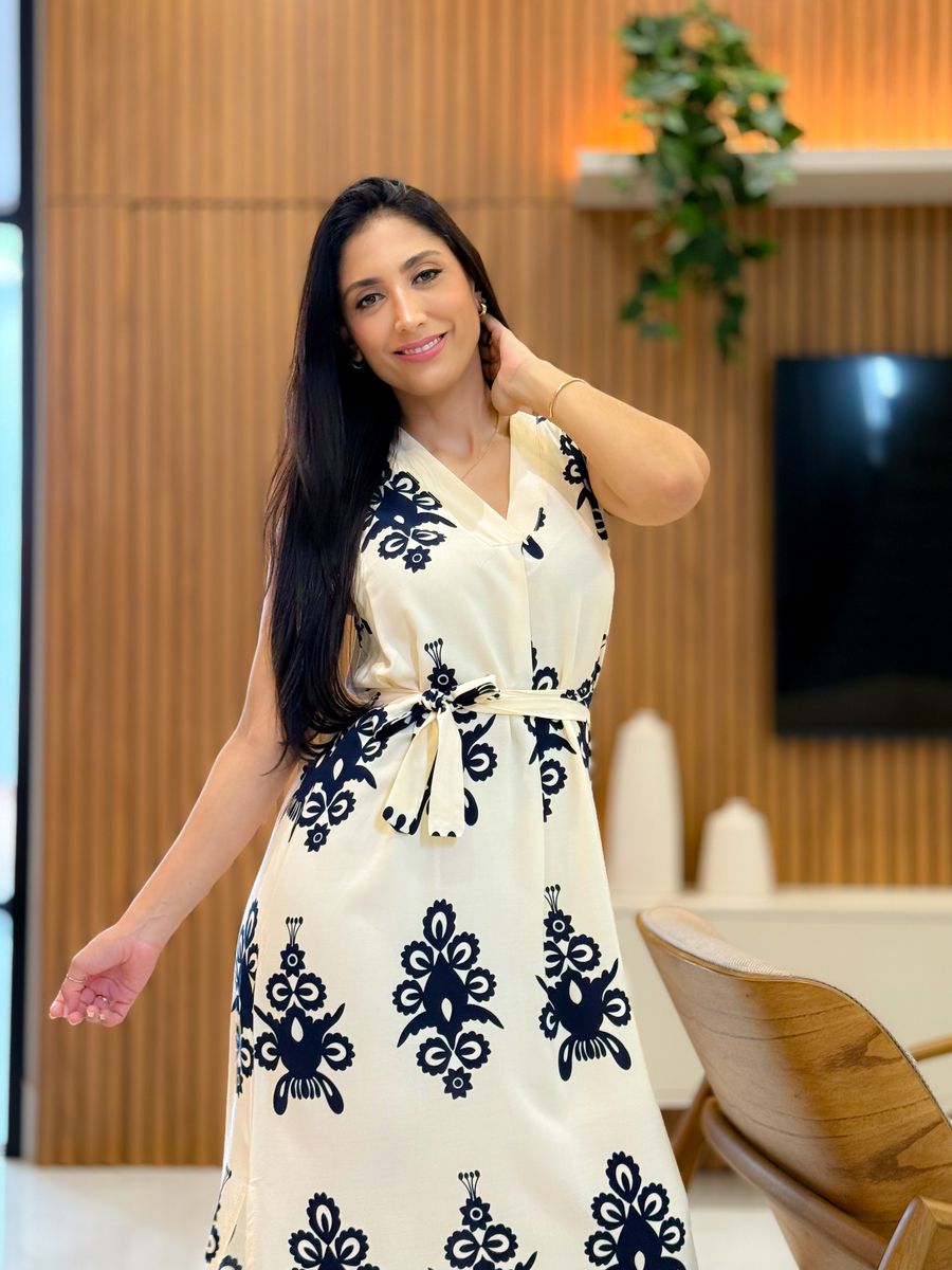 Vestido Emili Creme E Azul Marinho