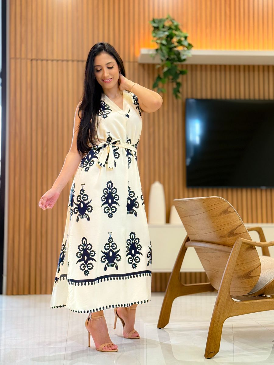 Vestido Emili Creme E Azul Marinho