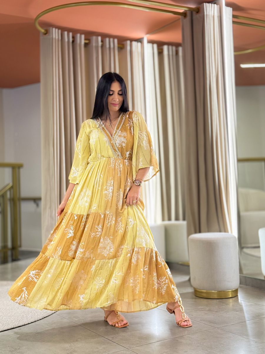 Vestido Eduarda Amarelo E Caramelo