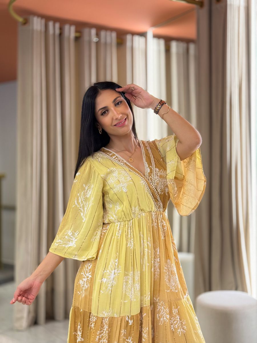 Vestido Eduarda Amarelo E Caramelo