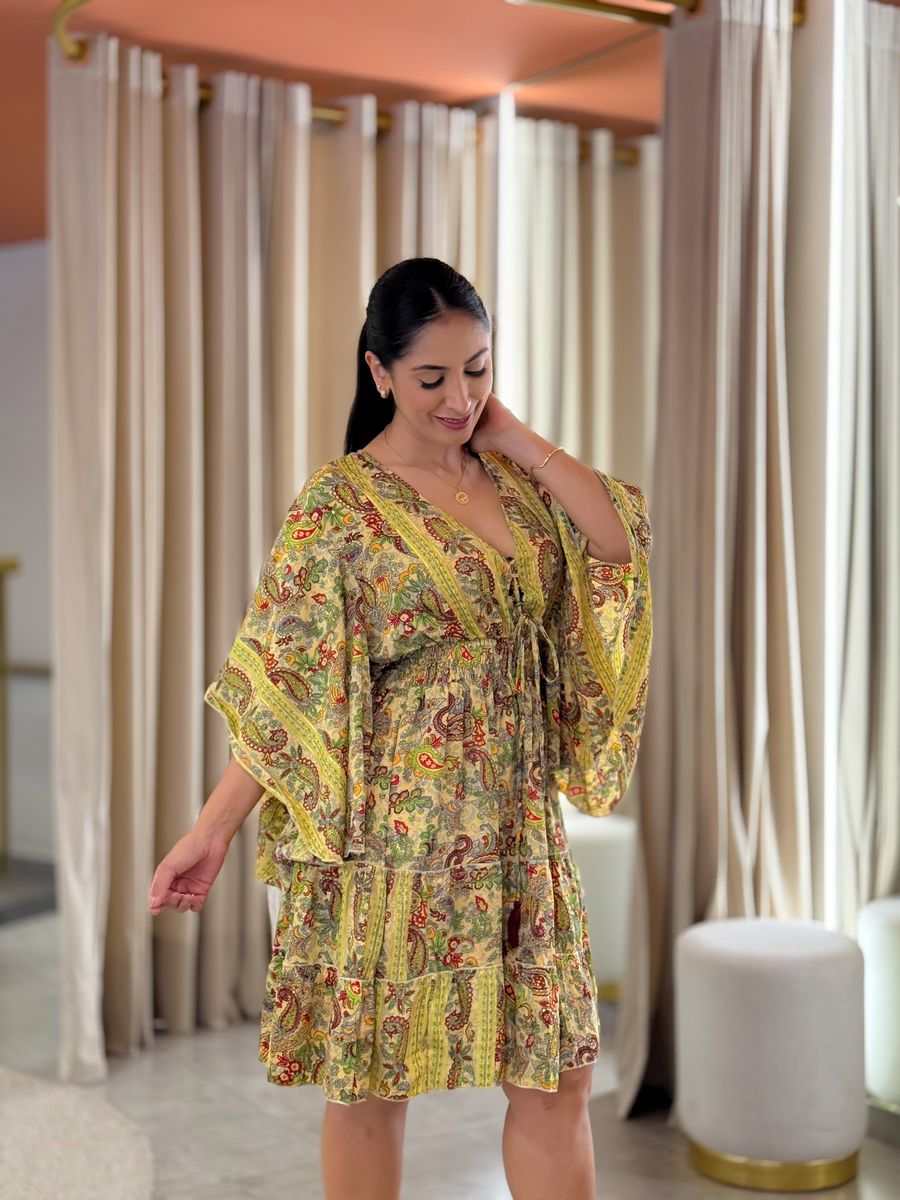 Vestido Maia Estampado Verde E Bordo