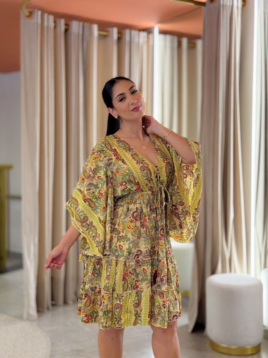 Vestido Maia Estampado Verde E Bordo