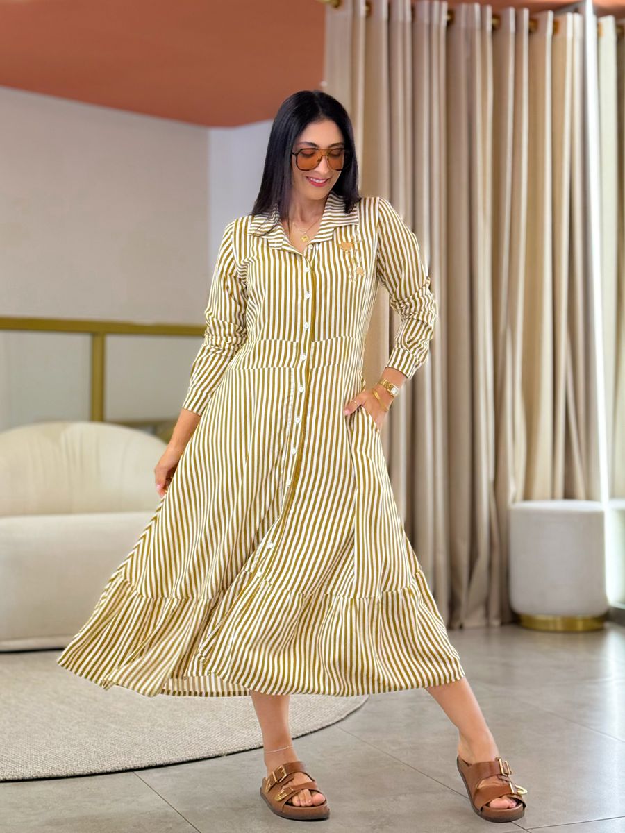 Vestido Aurora Mostarda E Branco