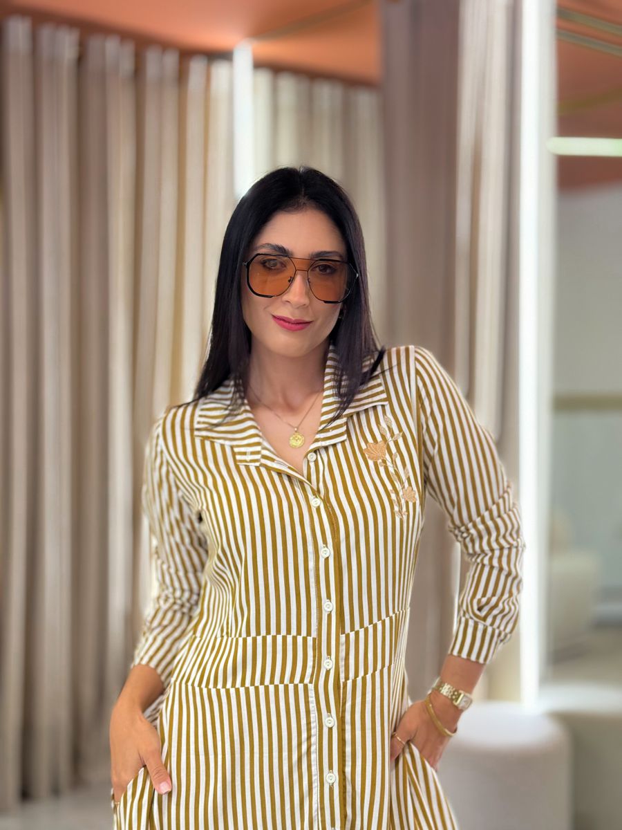 Vestido Aurora Mostarda E Branco