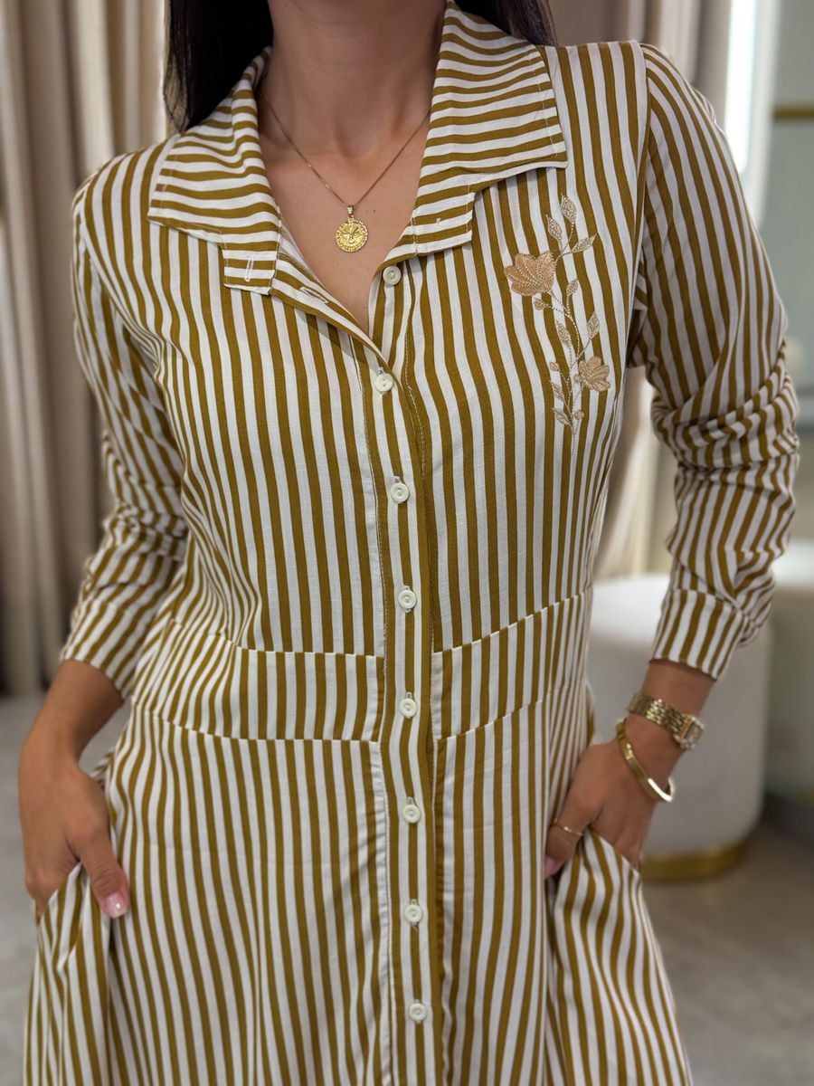 Vestido Aurora Mostarda E Branco