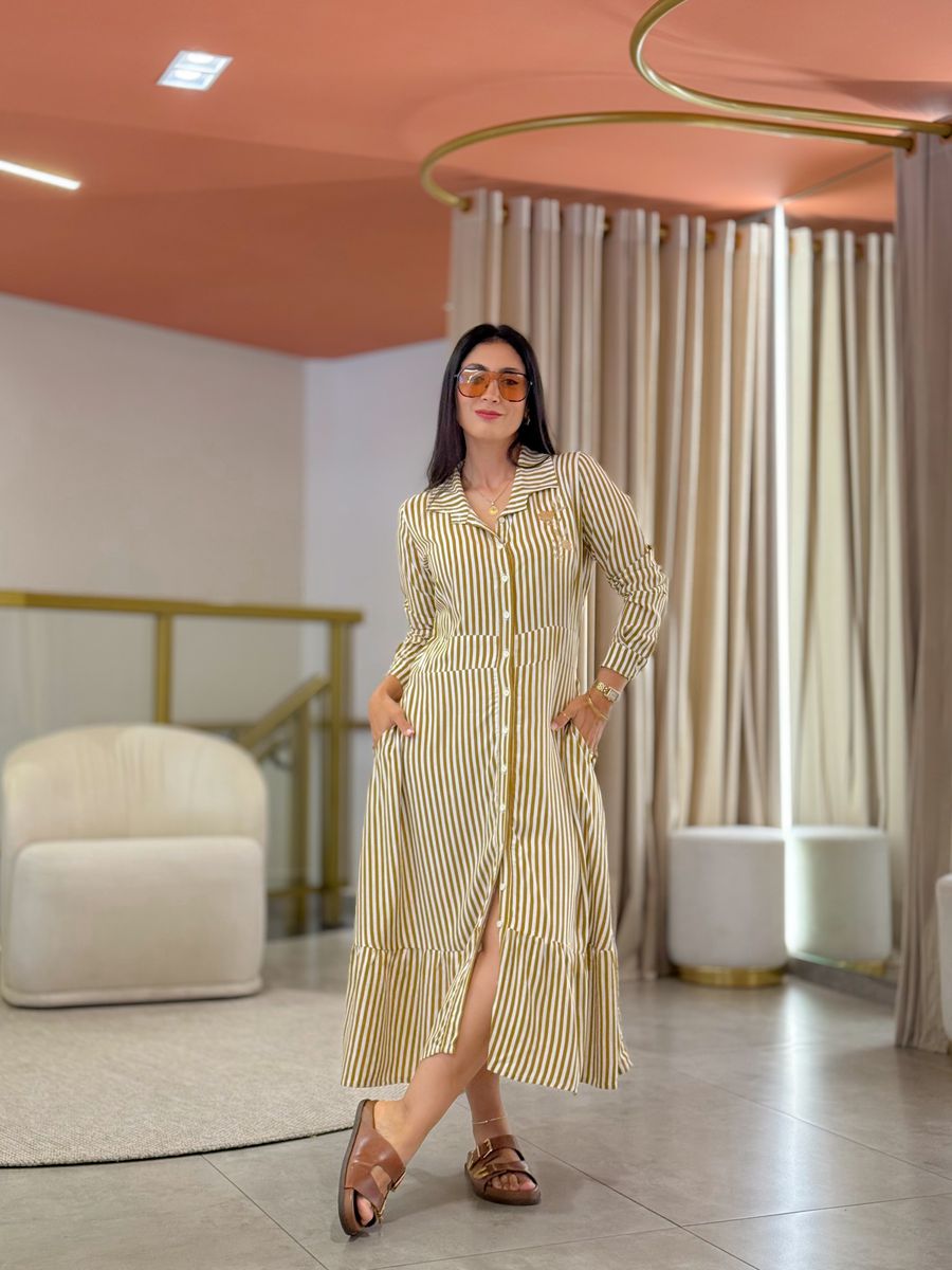 Vestido Aurora Mostarda E Branco